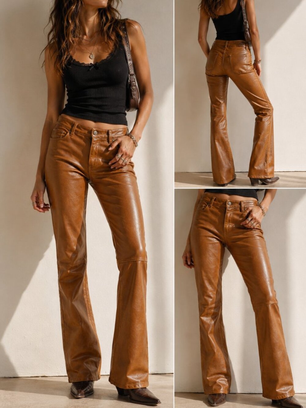 Vintage 90s Cognac Leather Flare Pants Size 4 Brown Moto Western Y2K